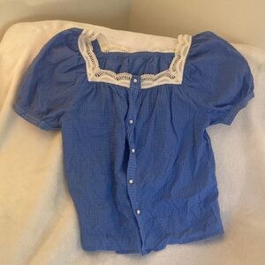 SHORT SLEEVE PUFF SHIRT BLOUSE Top collared ruffled Lace Trim SQUARE NECKLINE
